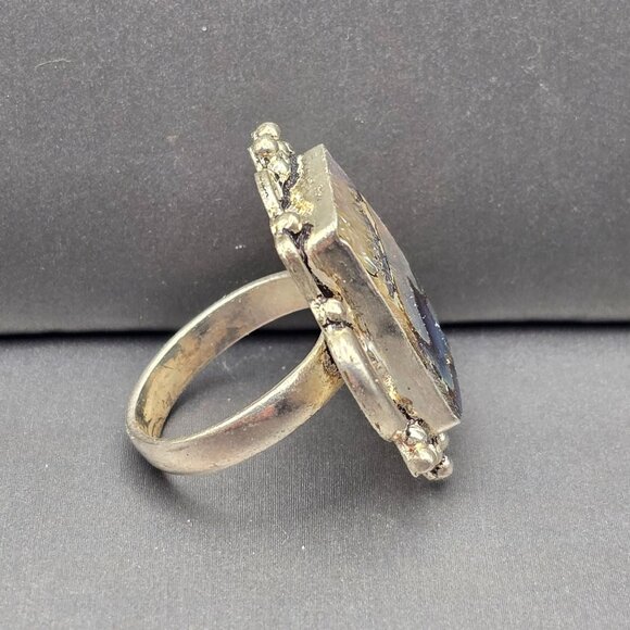 925 Sterling Silver Plt Abalone Shell Ring Size 8 Bezel Setting Statement - Picture 8 of 11